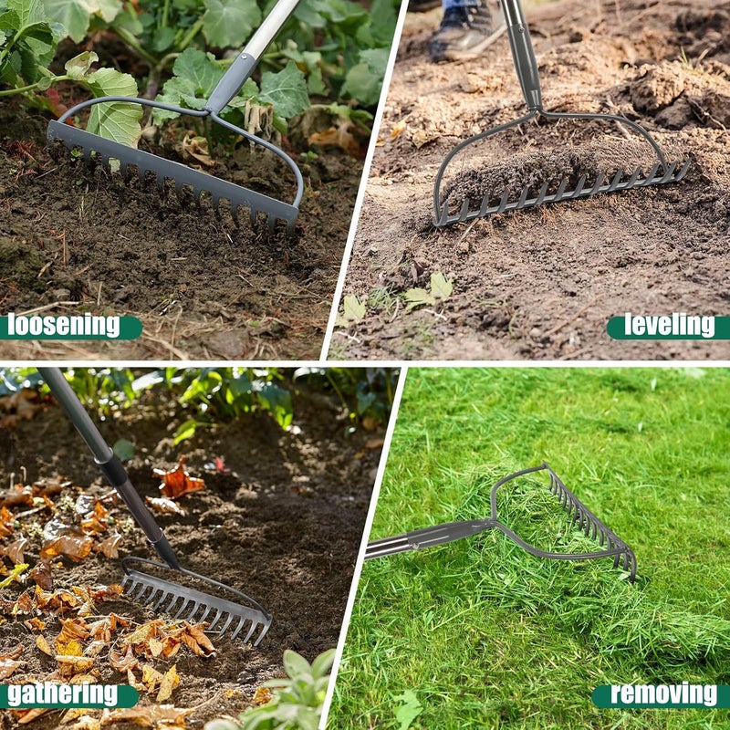 Feblomst Rake for Leaves, Garden Bow Rake for Lawns Heavy Duty, 5 ft Back-Saving Long Handle, 14 Metal Tines, Yard Gardening Tools for Loosen Soil, Clear Gravel Grass Rock, Level Mulch - Image 2